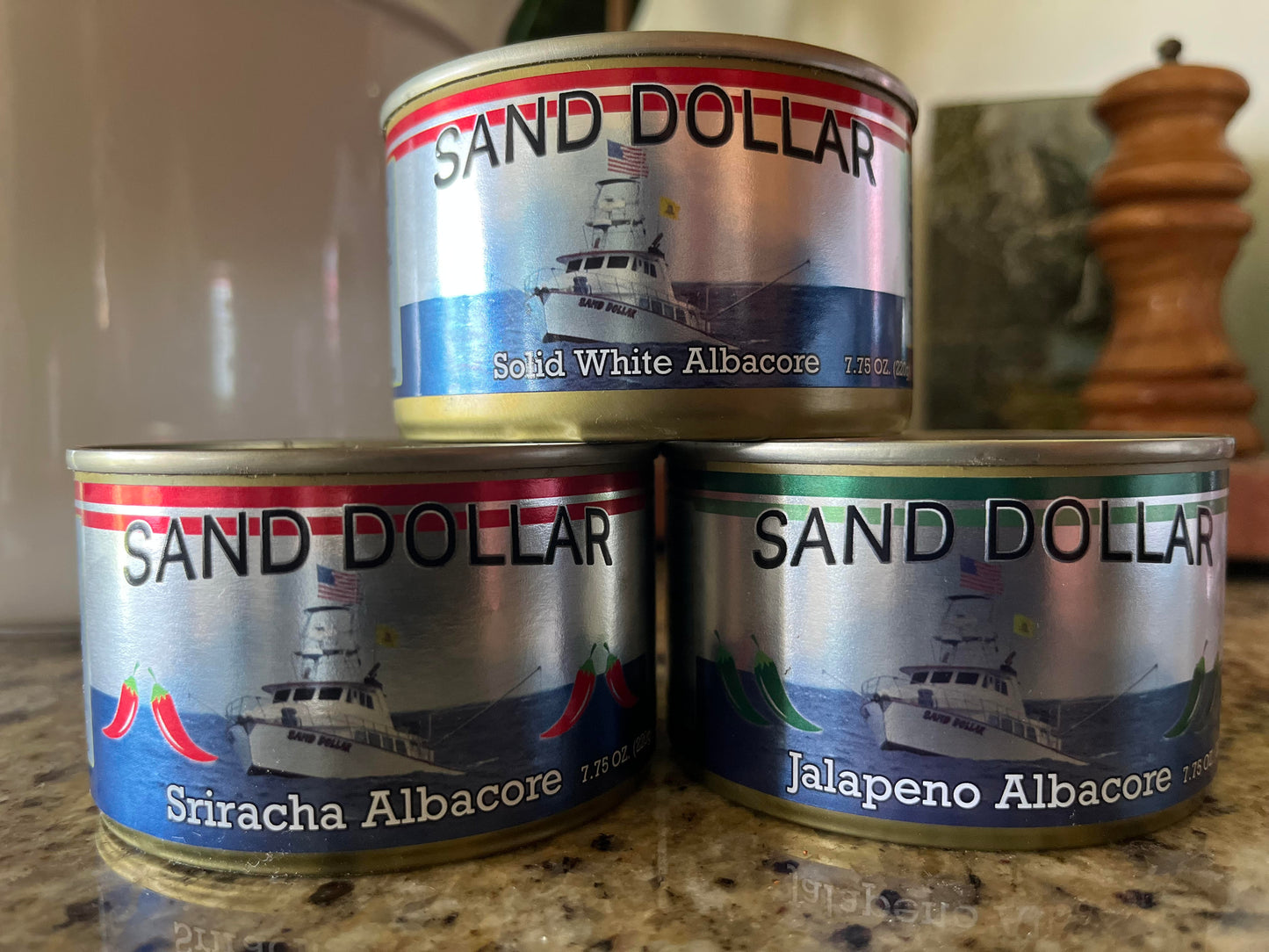 Speciality gourmet solid white albacore, jalapeno albacore, and sriracha albacore.